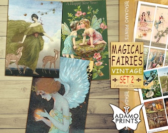 Può includere: Un foglio di collage digitale con illustrazioni vintage di fate, uccelli e altre creature magiche. Il foglio include il testo "Magical Fairies Vintage Set 2" e "Ephemera Classics".