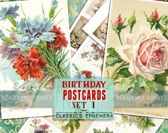 Birthday Postcards Digital Set1, Birthday Flower, ATC, Ephemera Classic, Junk Journal, Digital Image, Digital Collage, Vintage Art, Download