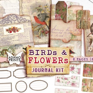 Kit de diario de pájaros y flores, página de diario, hojas de collage, botánico, efímera, kit de diario imprimible, animales de álbum de recortes, diario vintage