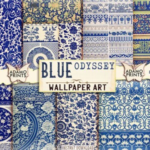 Blue Odyssey Wallpaper, Digital Paper, Flower, Antique Texture, Embellishment, Junk Journal, Printable Background, Scrapbook Kit
