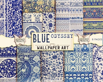 May include: Blue and white patterned digital paper pack with 8 pages. The paper features a variety of floral and geometric designs. The title "Blue Odyssey Wallpaper Art" is displayed on the front of the pack.