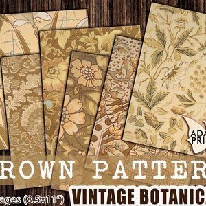 May include: A set of 20 digital papers featuring vintage botanical patterns in shades of brown. The papers are 8.5x11 inches and are perfect for scrapbooking, card making, and other crafting projects.