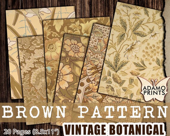 Vintage Brown Botanical Paper, Shabby Junk Journal Kit (Digital Download)