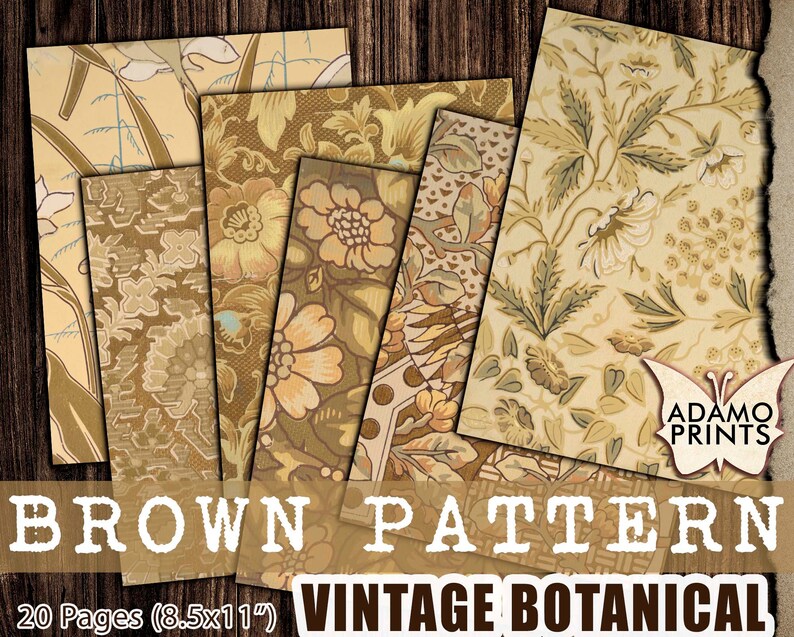 May include: A set of 20 digital papers featuring vintage botanical patterns in shades of brown. The papers are 8.5x11 inches and are perfect for scrapbooking, card making, and other crafting projects.