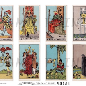 Pode incluir: Um conjunto de dez cartas de tarô com ilustrações do Cavaleiro, Rainha e Rei de Paus, bem como o Ás, o Dois, o Três, o Quatro e o Cinco de Copas. As cartas são do baralho de tarô Rider-Waite.