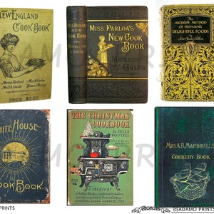 Op de afbeelding: Verzameling vintage kookboeken met titels als "New England Cook Book" en "Miss Parloa's New Cook Book". De boeken hebben decoratieve covers met tekst en illustraties, die een scala aan culinaire thema's laten zien. Een blik op de geschiedenis van het koken.