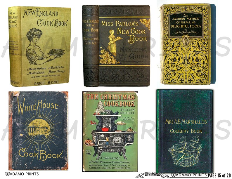 Op de afbeelding: Verzameling vintage kookboeken met titels als "New England Cook Book" en "Miss Parloa's New Cook Book". De boeken hebben decoratieve covers met tekst en illustraties, die een scala aan culinaire thema's laten zien. Een blik op de geschiedenis van het koken.
