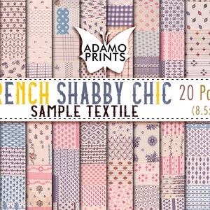 May include: A collage of 20 digital paper designs in a French shabby chic style. The papers feature various patterns in shades of pink, blue, and purple on a white background. The text "French Shabby Chic 20 Pages Sample Textile (8.5x11')" is displayed at the bottom of the image.