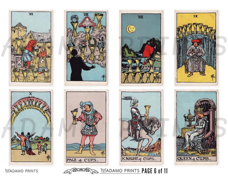 Pode incluir: Baralho de tarot com o naipe de Copas. As cartas mostram ilustrações de um Pagem, um Cavaleiro, uma Rainha e outras figuras que seguram copas. As cartas são numeradas VI, VII, VIII, IX e X.
