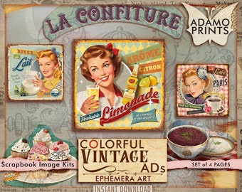 Bunte Vintage-Werbung, Vintage-Bilder, digitale Collage, alte Werbung, shabby, druckbares Bild, antike Werbung, Scrapbook-Kit