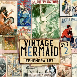 vintage Mermaid Set2, Images numériques, art vintage, Ephemera Classics, Kit de scrapbooking, Collage numérique, Art Ephemera, Junk Journal Kit