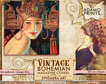 Vintage Bohemian Magazine Covers, Vintage Images, Ephemera, Digital Collage, ATC, Shabby, Printable Images, Instant Download, Magazine Cover