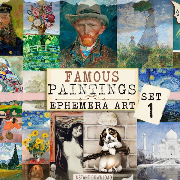 Famous Paintings Set1, Printable Images, Van Gogh, Renoir, Ephemera Classics, Digital Images, Vintage Art, Classics, Scrapbook Ephemera