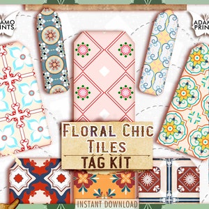 Floral Chic Tiles Tag Kit, Digital Tag, Graphic Art, Ephemera Tag, Printable Tag, Scrapbook Kit, Journal Kit, Vintage Wallpaper Tag