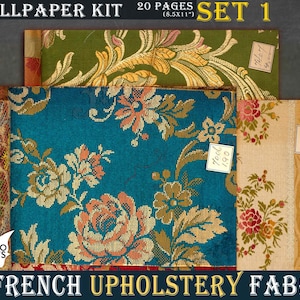 May include: A set of three vintage French upholstery fabric samples. The fabrics feature floral patterns in shades of green, blue, and beige. The samples are labeled with numbers and prices.