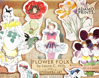 Flower Folk by Laura C. Hills, Digital Images, Vintage Art, Digital Collage, Art Ephemera, Classics, Scrapbook, Bookpage, Journal Page
