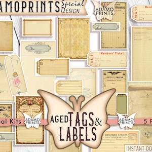 Aged Labels & Tags, Blank Labels, Digital Collage, Mini Tags, Printable Images, Digital Kit, Vintage Art, Grunge, Shabby, Download