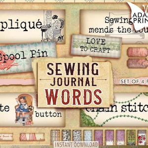 Sewing Journal Wörter, Junk-Journaling Wörter, Journal Anweisungen, Definition, Mixed Media, Scrapbooking Nähen, druckbare Nähen, Ephemera Wörter