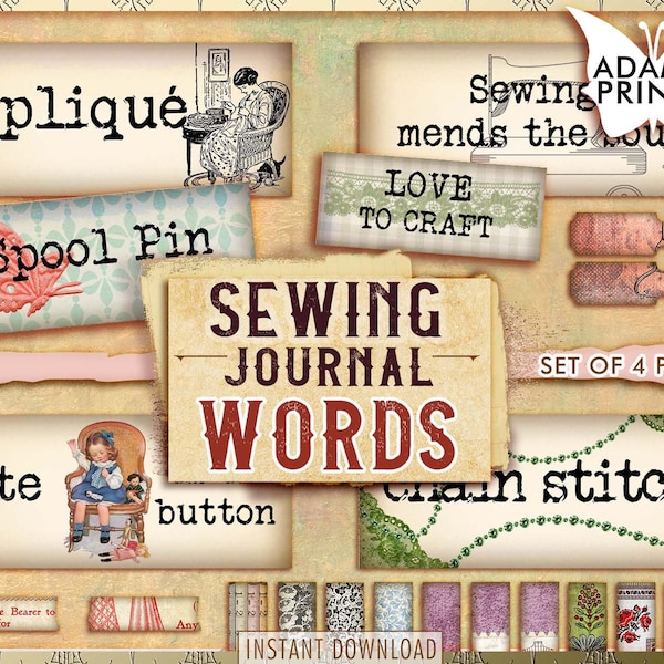 裁縫ジャーナルの単語、ジャンクジャーナルの単語、ジャーナルのプロンプト、定義、ミックスメディア、スクラップブッキングの裁縫、印刷可能な裁縫、エフェメラの単語