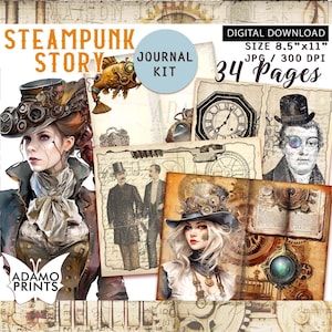 Steampunk Story Journal Kit Grunge Old Journal Pages Industrial Mechanic Travel Ephemera Printable Women Scrapbook Blank And Lined Paper