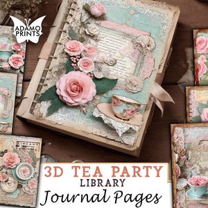 3D Tea Party Library Digital Paper, Vintage Grunge Faded Background Paper Junk Journal Pages, Craft Paper, 3D Digital Kit Printable