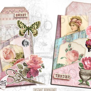 Rose shabby, kit diario spazzatura, rosa zingara, etichette, buste, oggetti effimeri, abbellimenti per diario, carta stampabile, kit per album di ritagli, cartoline