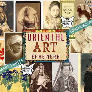 Puede incluir: Un collage de imágenes vintage con personas vestidas con ropa tradicional asiática y obras de arte. El título "Oriental Art Ephemera" se muestra en letras rojas y blancas. El collage incluye 10 páginas, cada una de 8,5 por 11 pulgadas.