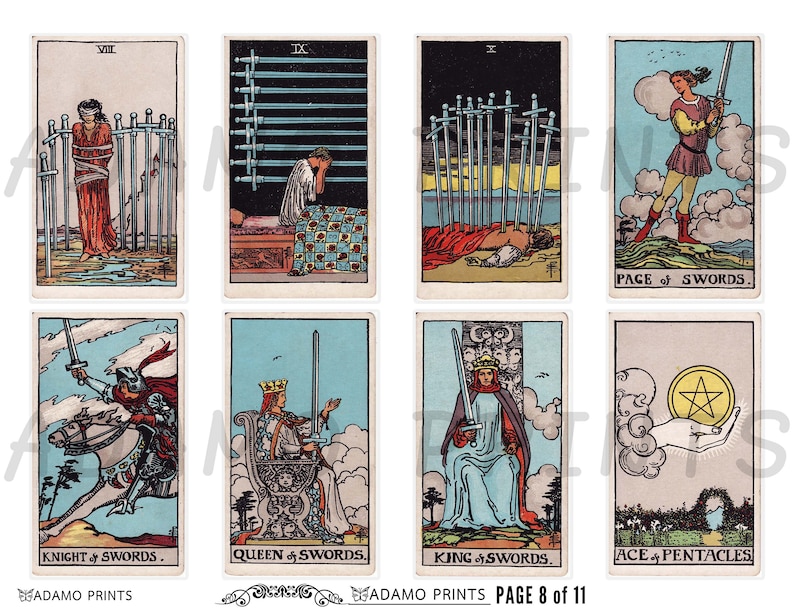 Pode incluir: Baralho de tarot com o naipe de Espadas. As cartas mostram ilustrações de um cavaleiro montando um cavalo, uma rainha sentada em um trono, um rei segurando uma espada e um pajem segurando uma espada. As cartas também mostram o Ás de Pentáculos, que representa uma mão segurando um pentagrama.