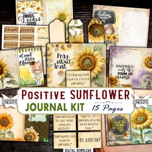 Kit diario girasole positivo, pagina di diario fiore effimero, kit diario stampabile di abbellimenti, fiore di album, natura vintage