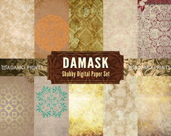 Rustic Damask Digital Paper, Shabby Digital Kits, Digital Collage Sheet, Printable Paper, Antique, Distressed, Download