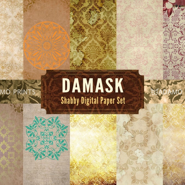 Rustic Damask Digital Paper, Shabby Digital Kits, Digital Collage Sheet, Printable Paper, Antique, Distressed, Download