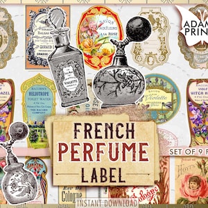 Peut inclure: Un ensemble de neuf étiquettes de parfum françaises imprimables. Les étiquettes présentent des illustrations vintage de fleurs, de flacons et d'atomiseurs de parfum. Les étiquettes sont parfaites pour ajouter une touche de charme vintage à vos projets.
