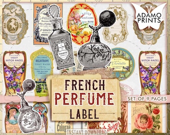 French Perfume Label, Color Labels, Digital Label, Collage Papers, Ephemera Classic, Printable Images, Digital Kit, Vintage Art, Shabby