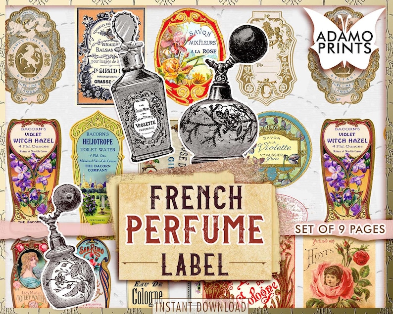 Op de afbeelding: Een set van negen printbare Franse parfumlabels. De labels bevatten vintage illustraties van bloemen, flessen en parfumspuiters. De labels zijn perfect om een vleugje vintage charme aan je projecten toe te voegen.