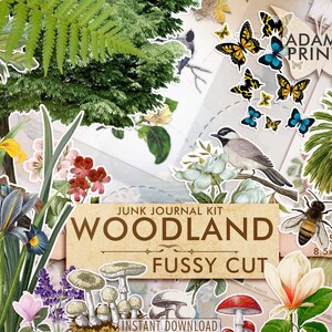 Woodland Fussy Cut, Kit de diario basura, mariposa, abejas, setas, flores silvestres, pájaros, nidos y huevos, árboles, efímera, etiquetas, álbum de recortes