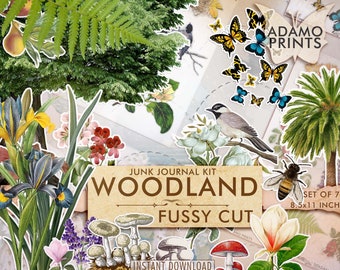 May include: A set of 7 woodland themed junk journal fussy cut images. The images include a fern, a bird, a palm tree, a bee, mushrooms, flowers, and butterflies. The images are 8.5 x 11 inches.