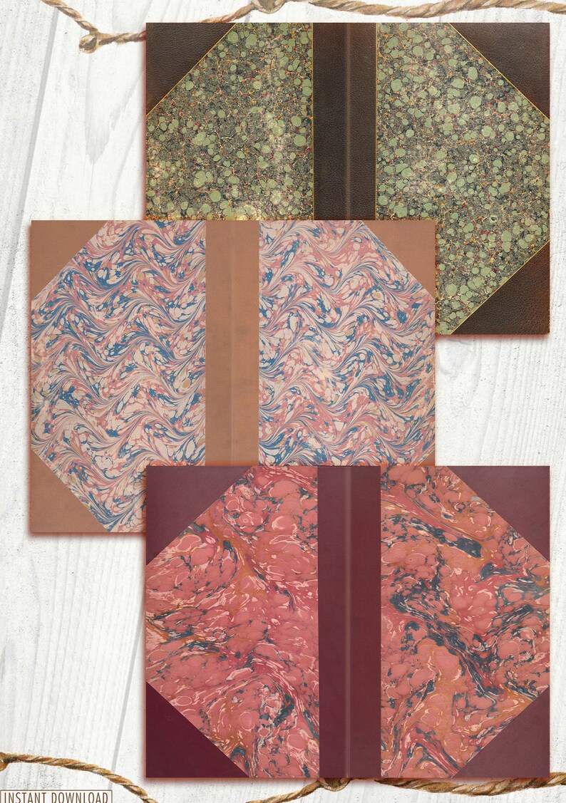 May include: Three book covers with marbled paper designs. The top cover is green and brown, the middle cover is pink and blue, and the bottom cover is red and black.