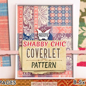 Op de afbeelding: Een digitale download van een 20-pagina's patroon voor een shabby chic quilt. Het patroon bevat een verscheidenheid aan bloem- en geometrische ontwerpen in tinten roze, blauw en groen. De quilt is 8,5 inch bij 11 inch.