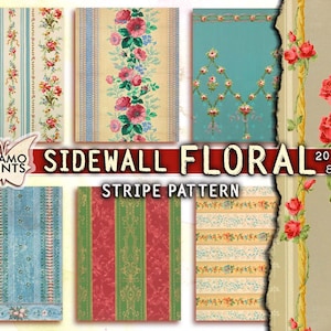 Zijwand bloemenstreeppatroon, Junk Journaling Kit, papier voor Journal Kit, Wallpaper Digital, Digitaal papier, Afdrukbare achtergrond
