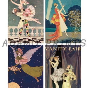May include: A collage of four vintage magazine covers featuring illustrations of people in various poses. The covers are for Vanity Fair magazine and feature the text "Vanity Fair" and "Every Thursday 10 Cents".