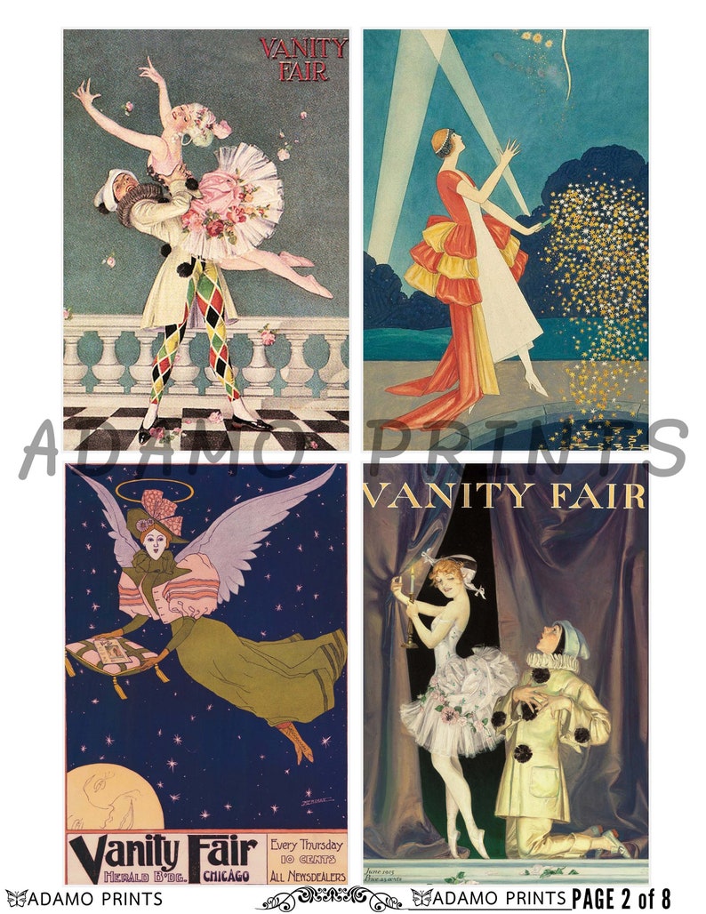 May include: A collage of four vintage magazine covers featuring illustrations of people in various poses. The covers are for Vanity Fair magazine and feature the text "Vanity Fair" and "Every Thursday 10 Cents".