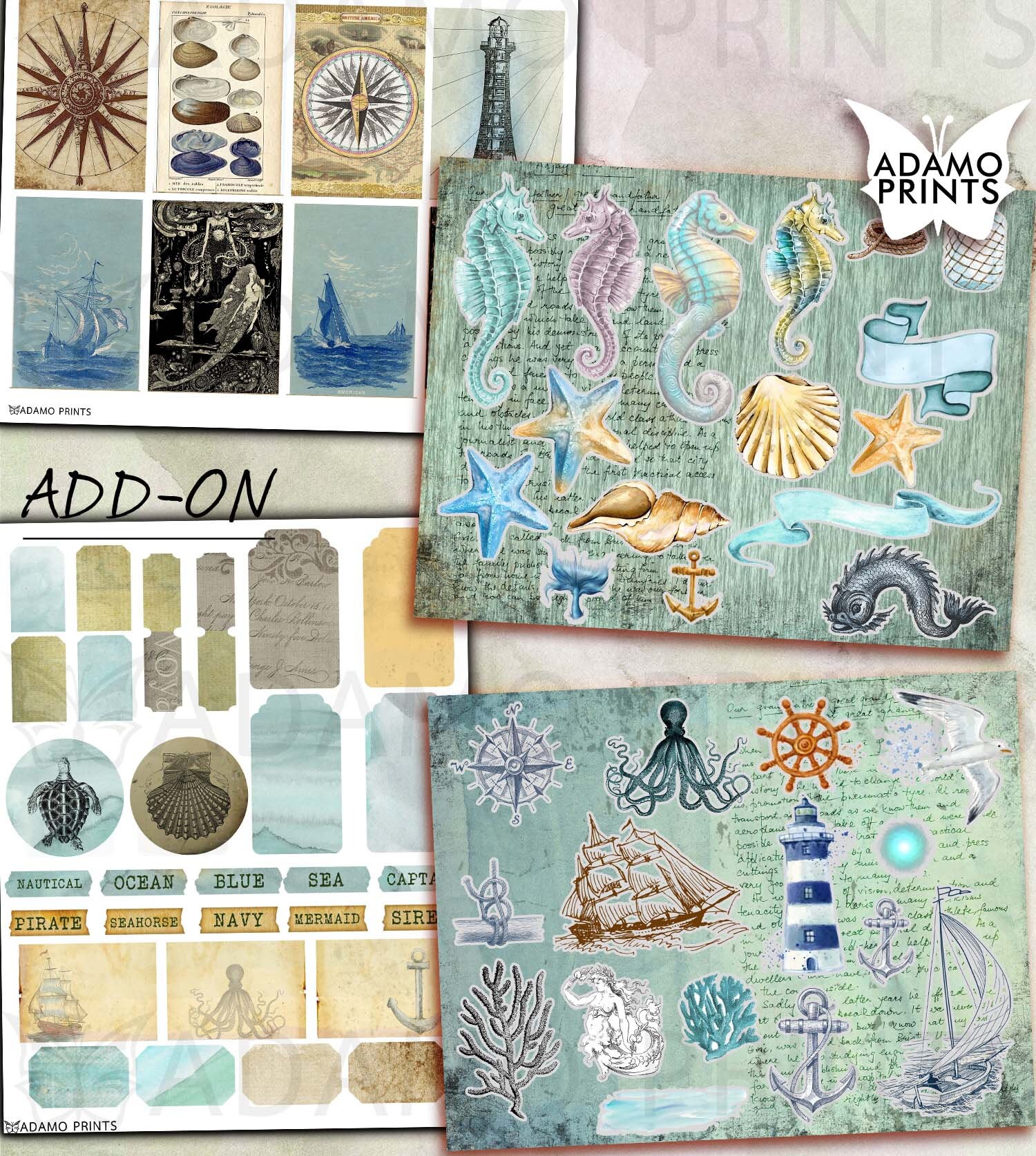 Nautical Coastal, Add-on, Junk Journal Kit, Journal Page, Tags ...