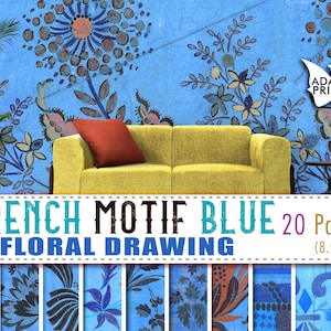 Französisches Motiv Blau Floral Zeichnung, Französisches Muster, Junk Journaling Kit, Grunge Papier, Tapete Digital, Digitales Papier, bedruckbarer Hintergrund