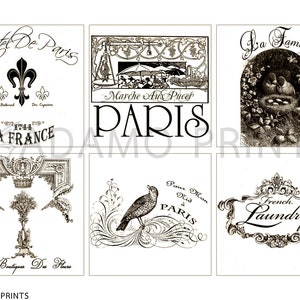 May include: A vintage-style collage of images with Parisian themes. The images include a hotel, a market, a family, a bird, and a laundry. The text in the images includes "Hotel De Paris", "La France", "Marche Aux Puces", "Paris", "La Famille", "Pour Mon Dieu", "Paris", "French Laundry", and "La Boutiques Des Fleurs".