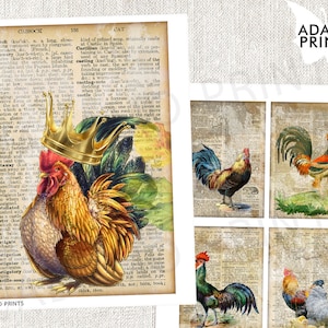 Kit de diario de gallos, kit de diario basura, efímera, collage, tarjetas ATC, adornos, kit de diario imprimible, kit de álbum de recortes, kit vintage