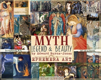 May include: A collage of eight pages of artwork featuring paintings by Edward Burne-Jones. The title of the collection is "Myth, Legend & Beauty" by Edward Burne-Jones. The artwork features mythical and legendary figures, including angels, women, and men. The artwork is in a variety of styles, including Pre-Raphaelite, Art Nouveau, and Symbolism.