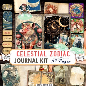 Vintage Celestial Zodiac Journal Kit Journal Page Blank & Lined Collage Sheets Digital Kit, Ephemera Moon Imprimible Scrapbook Kit Mítico