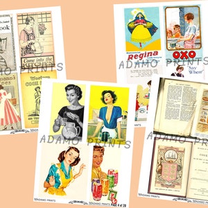 Op de afbeelding: Een verzameling vintage prints met kookboeken en advertenties. De afbeeldingen tonen retro illustraties van vrouwen in keukens, recepten en productadvertenties. Het kleurenpalet omvat tinten rood, geel, blauw en wit, wat een nostalgisch gevoel oproept.