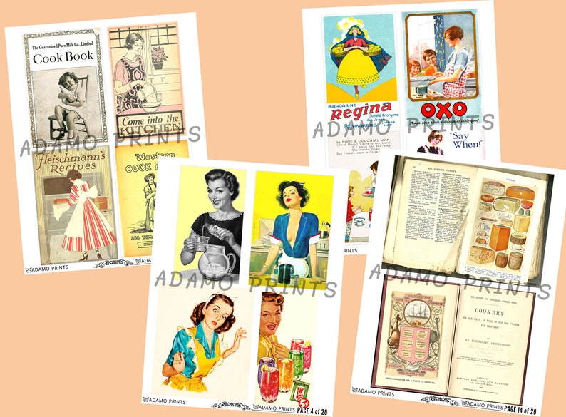 Op de afbeelding: Een verzameling vintage prints met kookboeken en advertenties. De afbeeldingen tonen retro illustraties van vrouwen in keukens, recepten en productadvertenties. Het kleurenpalet omvat tinten rood, geel, blauw en wit, wat een nostalgisch gevoel oproept.