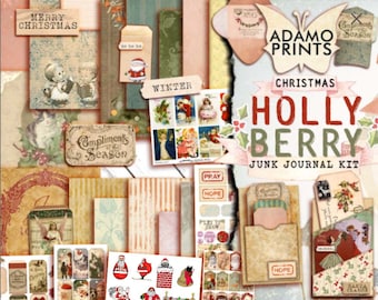 Holly Berry, Zestaw do dziennika śmieciowego, Zestaw świąteczny, Cyfrowe papiery świąteczne, Dziennik świąteczny, Cyfrowe święta Bożego Narodzenia, Ephemera świąteczna, Załadowana etykieta